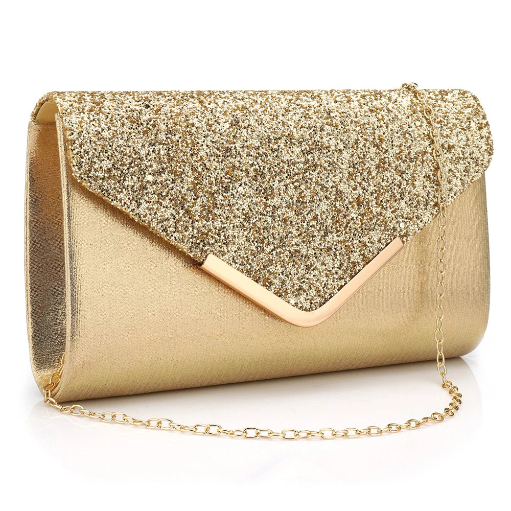 Gold Clutch Bags V Design Metal Chain Glitter