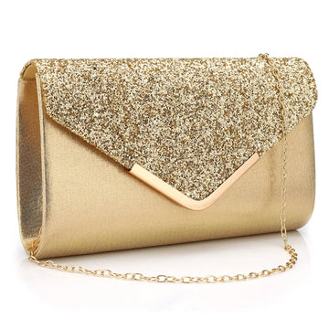 Gold Clutch Bags V Design Metal Chain Glitter