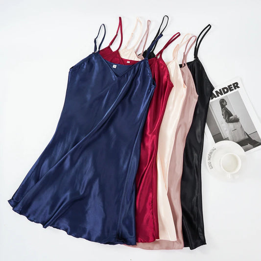 Silk Satin Night Dress Sleeveless Nighties V-neck Sleepwear Nightwear
