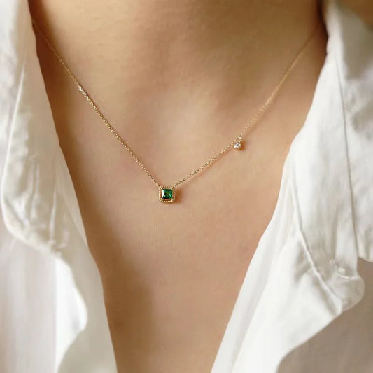 925 Sterling Silver Simple Emerald Crystal Chain  Necklace Plating 14k Gold