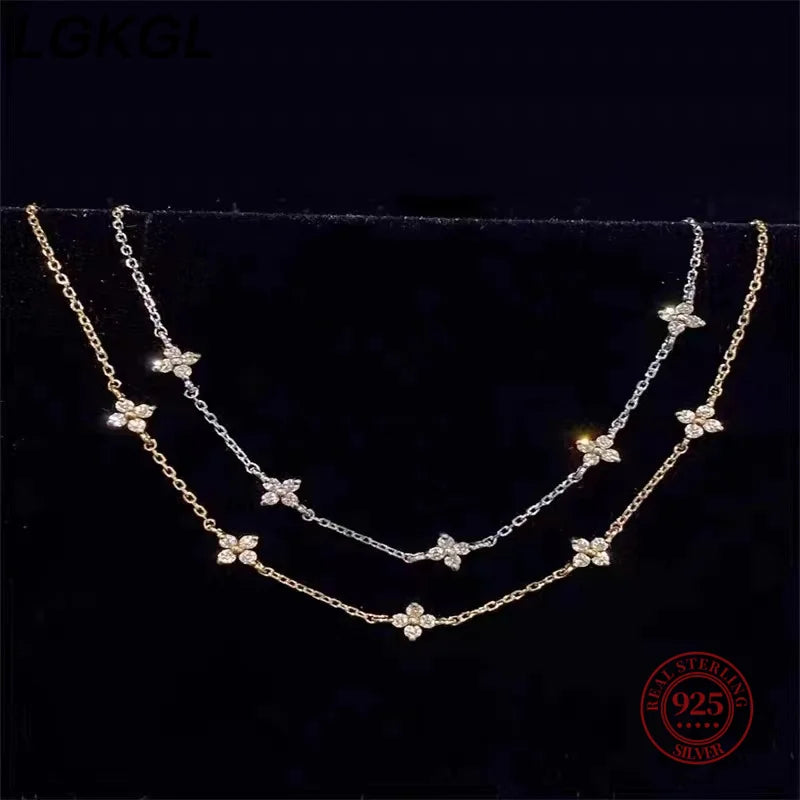 925 Sterling Silver French Cute Four-Leaf Flower Pendant Necklaces 14k Gold Plated