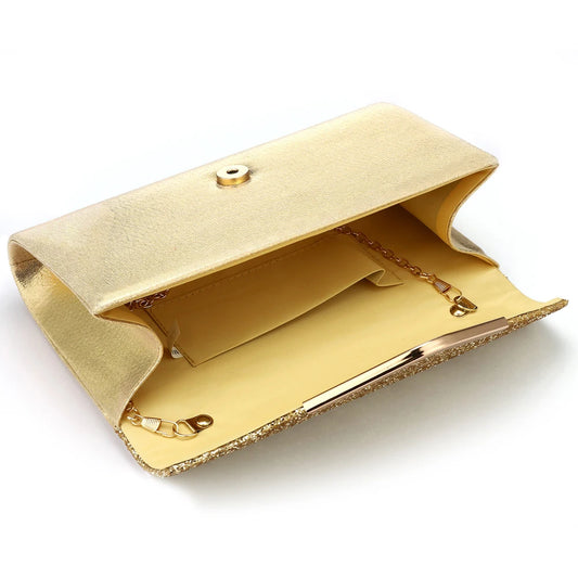 Gold Clutch Bags V Design Metal Chain Glitter