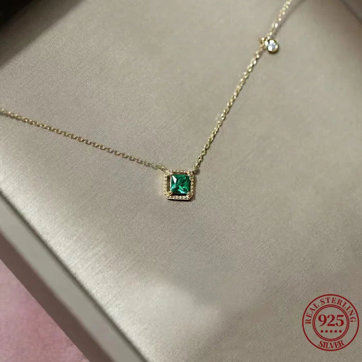 925 Sterling Silver Simple Emerald Crystal Chain  Necklace Plating 14k Gold