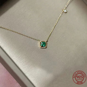 925 Sterling Silver Simple Emerald Crystal Chain  Necklace Plating 14k Gold